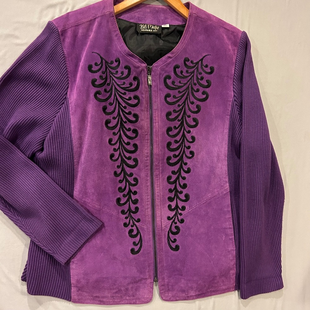 Bob Mackie Wearable Art Purple Suede Knit Embroidered Zip Jacket XL